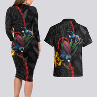New Zealand Tui Birds Love Couple Couples Matching Long Sleeve Bodycon Dress and Hawaiian Shirt The Heart of Silver Fern Leaves and Maori Tattoo Pattern LT03 - Polynesian Pride