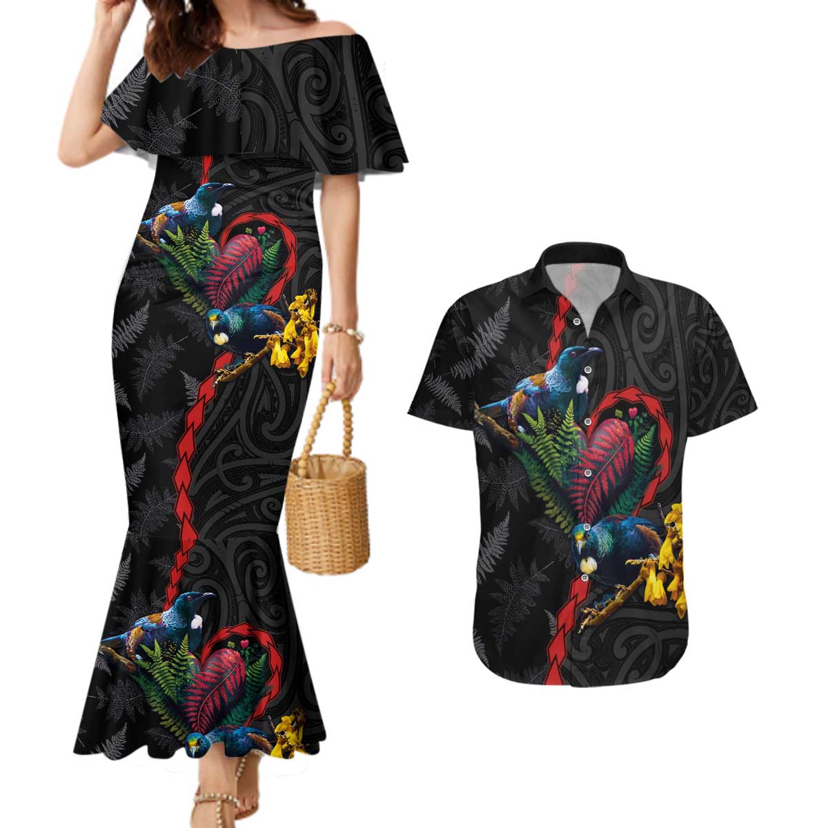 New Zealand Tui Birds Love Couple Couples Matching Mermaid Dress and Hawaiian Shirt The Heart of Silver Fern Leaves and Maori Tattoo Pattern LT03 Black - Polynesian Pride