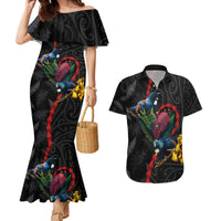 New Zealand Tui Birds Love Couple Couples Matching Mermaid Dress and Hawaiian Shirt The Heart of Silver Fern Leaves and Maori Tattoo Pattern LT03 Black - Polynesian Pride