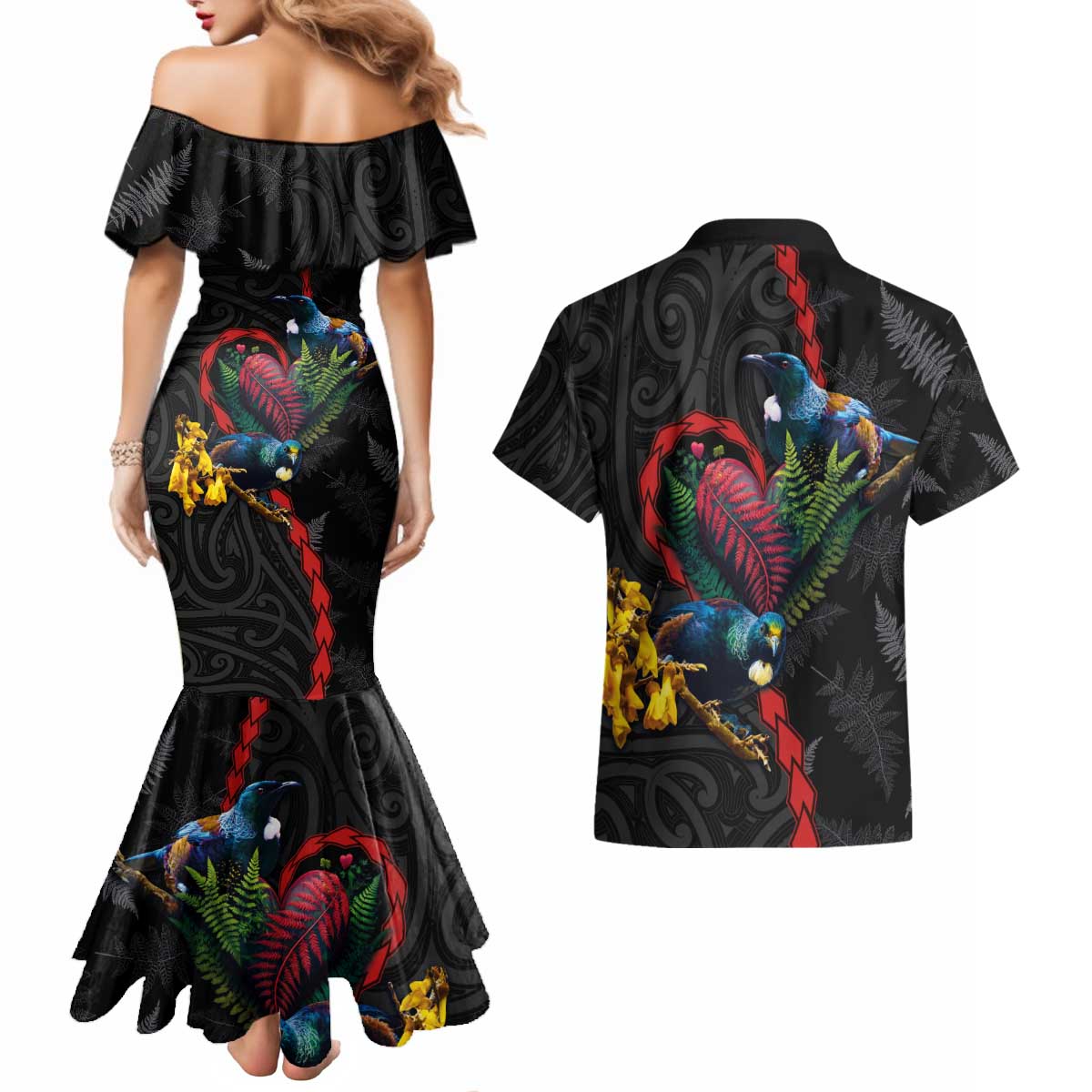 New Zealand Tui Birds Love Couple Couples Matching Mermaid Dress and Hawaiian Shirt The Heart of Silver Fern Leaves and Maori Tattoo Pattern LT03 - Polynesian Pride