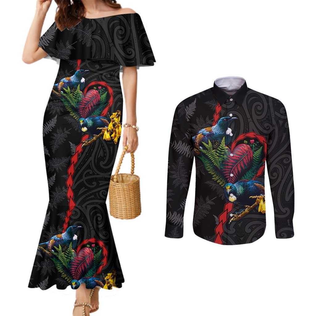 New Zealand Tui Birds Love Couple Couples Matching Mermaid Dress and Long Sleeve Button Shirt The Heart of Silver Fern Leaves and Maori Tattoo Pattern LT03 Black - Polynesian Pride