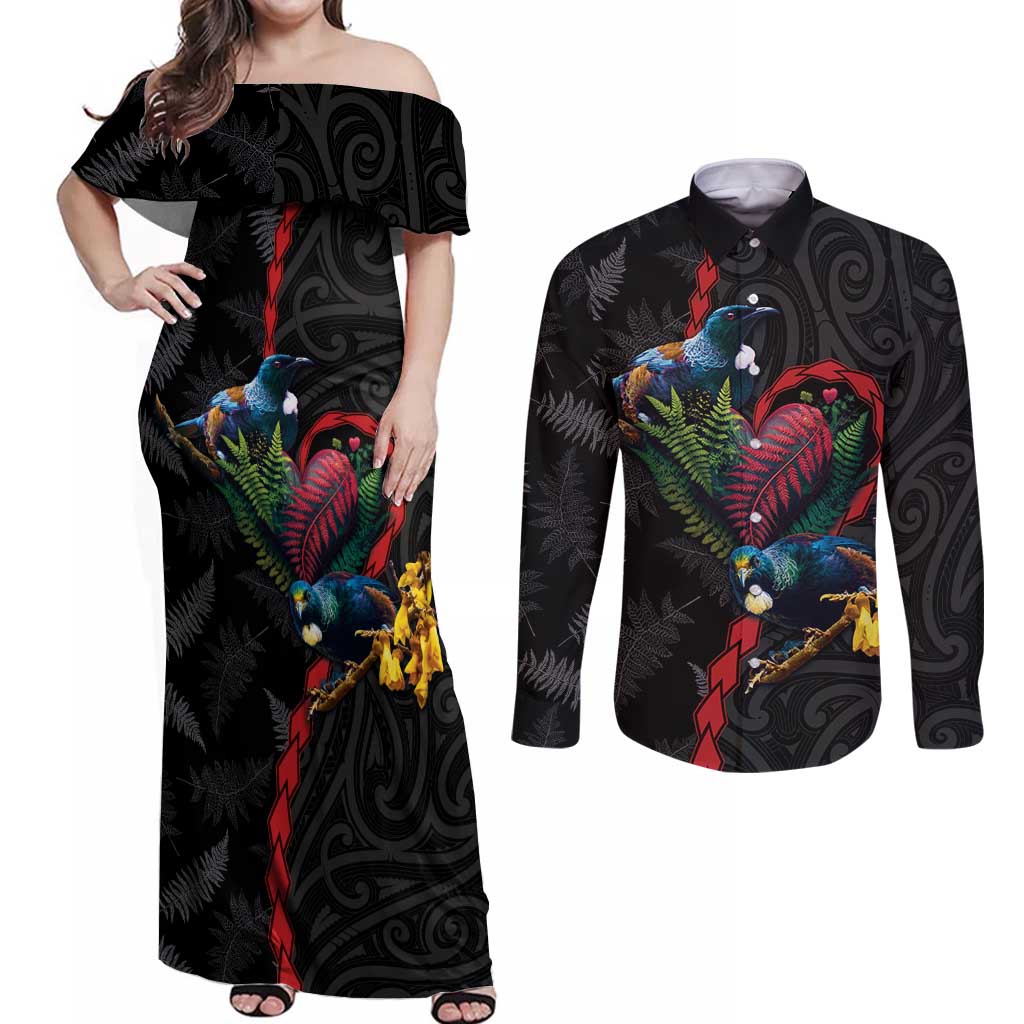 New Zealand Tui Birds Love Couple Couples Matching Off Shoulder Maxi Dress and Long Sleeve Button Shirt The Heart of Silver Fern Leaves and Maori Tattoo Pattern LT03 Black - Polynesian Pride