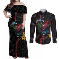New Zealand Tui Birds Love Couple Couples Matching Off Shoulder Maxi Dress and Long Sleeve Button Shirt The Heart of Silver Fern Leaves and Maori Tattoo Pattern LT03 Black - Polynesian Pride