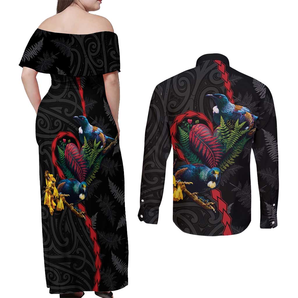 New Zealand Tui Birds Love Couple Couples Matching Off Shoulder Maxi Dress and Long Sleeve Button Shirt The Heart of Silver Fern Leaves and Maori Tattoo Pattern LT03 - Polynesian Pride