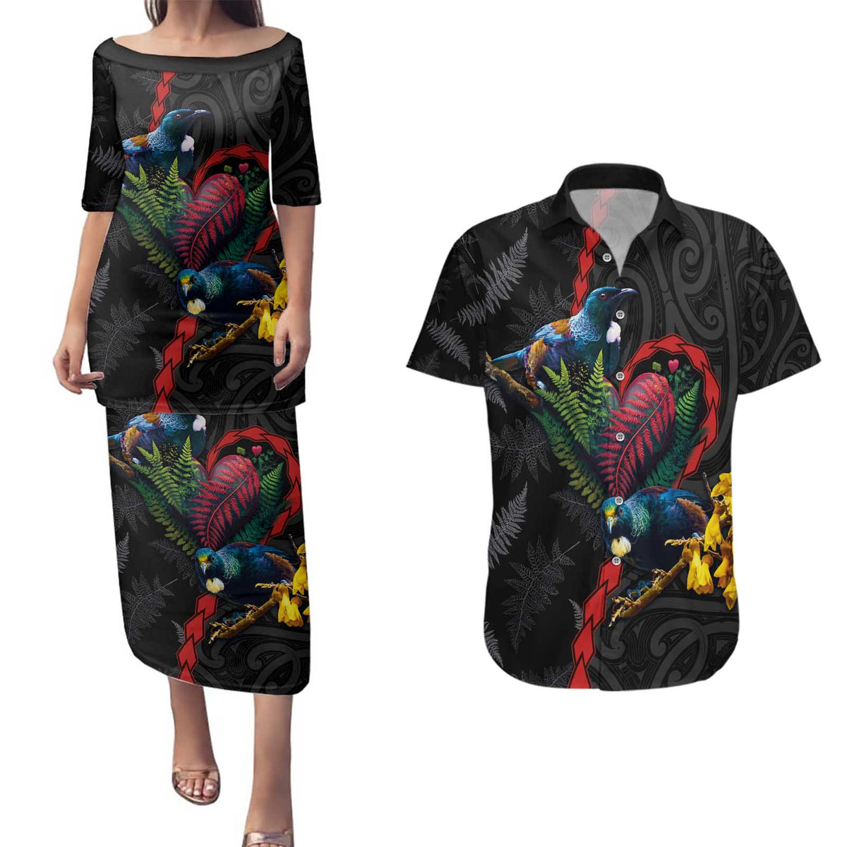 New Zealand Tui Birds Love Couple Couples Matching Puletasi and Hawaiian Shirt The Heart of Silver Fern Leaves and Maori Tattoo Pattern LT03 Black - Polynesian Pride