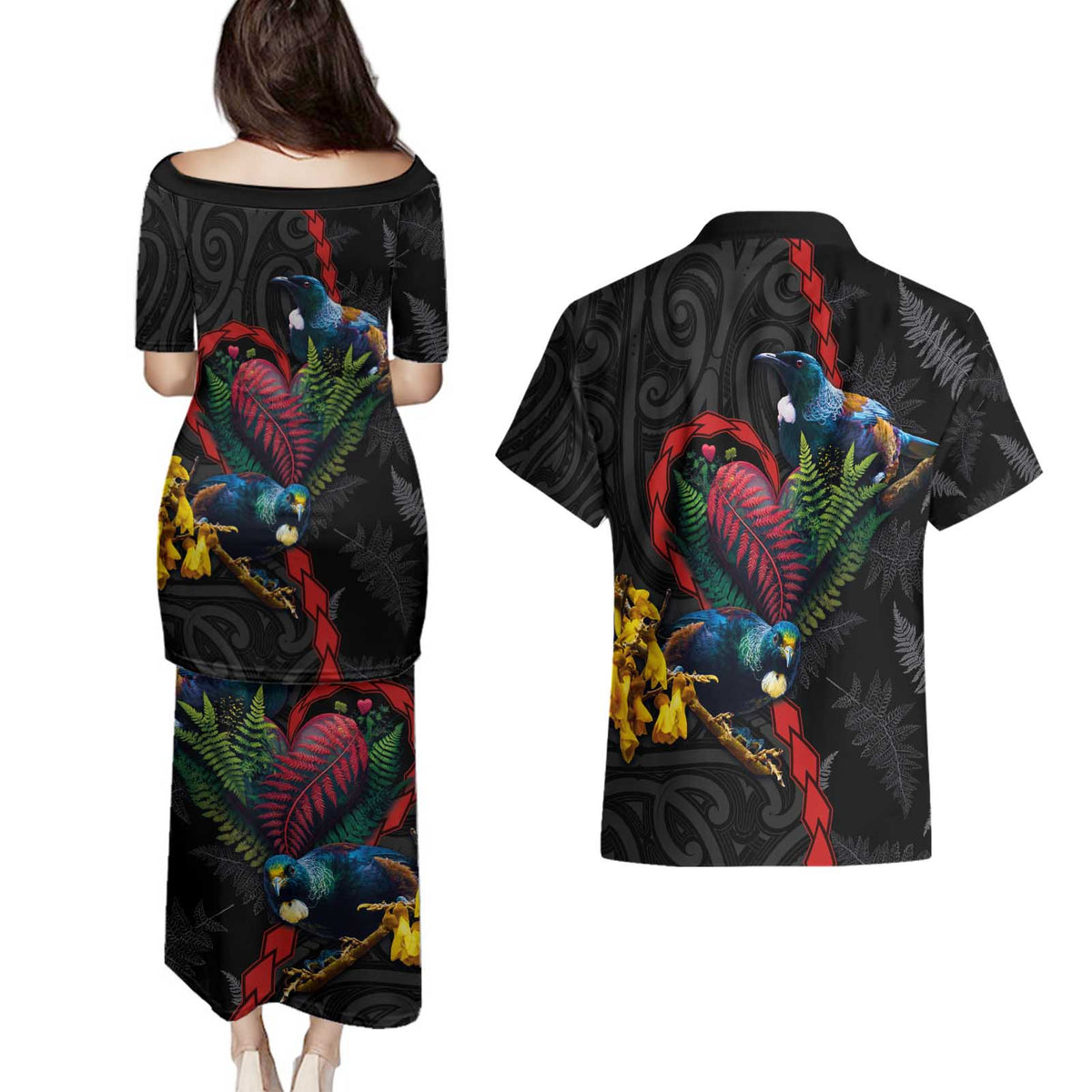 New Zealand Tui Birds Love Couple Couples Matching Puletasi and Hawaiian Shirt The Heart of Silver Fern Leaves and Maori Tattoo Pattern LT03 - Polynesian Pride