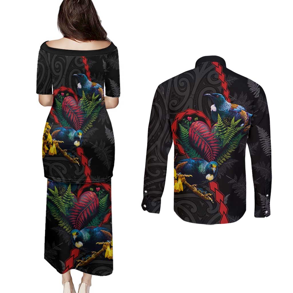 New Zealand Tui Birds Love Couple Couples Matching Puletasi and Long Sleeve Button Shirt The Heart of Silver Fern Leaves and Maori Tattoo Pattern LT03 - Polynesian Pride