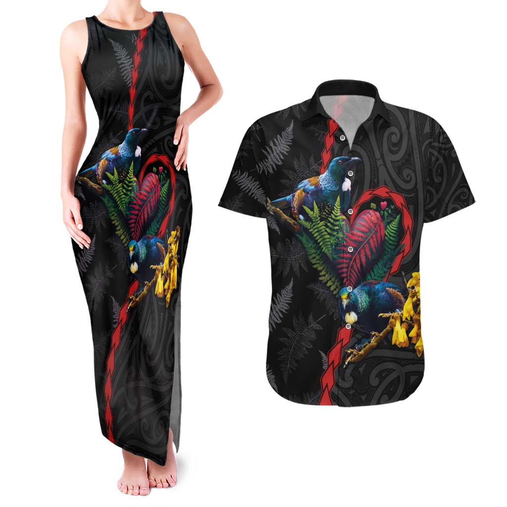 New Zealand Tui Birds Love Couple Couples Matching Tank Maxi Dress and Hawaiian Shirt The Heart of Silver Fern Leaves and Maori Tattoo Pattern LT03 Black - Polynesian Pride
