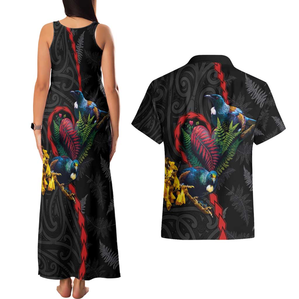 New Zealand Tui Birds Love Couple Couples Matching Tank Maxi Dress and Hawaiian Shirt The Heart of Silver Fern Leaves and Maori Tattoo Pattern LT03 - Polynesian Pride