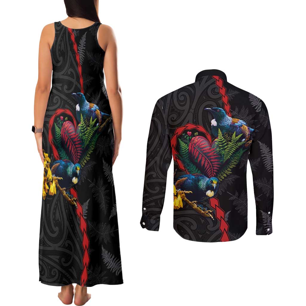 New Zealand Tui Birds Love Couple Couples Matching Tank Maxi Dress and Long Sleeve Button Shirt The Heart of Silver Fern Leaves and Maori Tattoo Pattern LT03 - Polynesian Pride