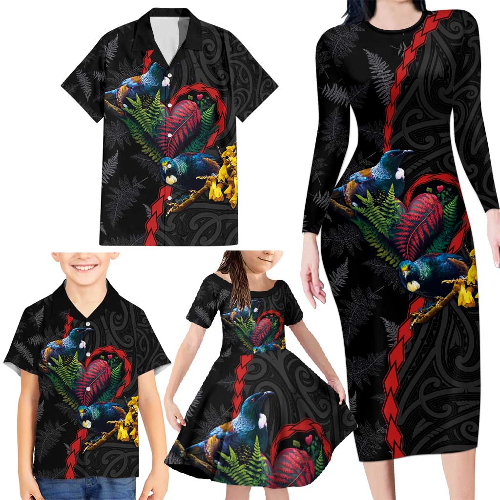 New Zealand Tui Birds Love Couple Family Matching Long Sleeve Bodycon Dress and Hawaiian Shirt The Heart of Silver Fern Leaves and Maori Tattoo Pattern LT03 - Polynesian Pride