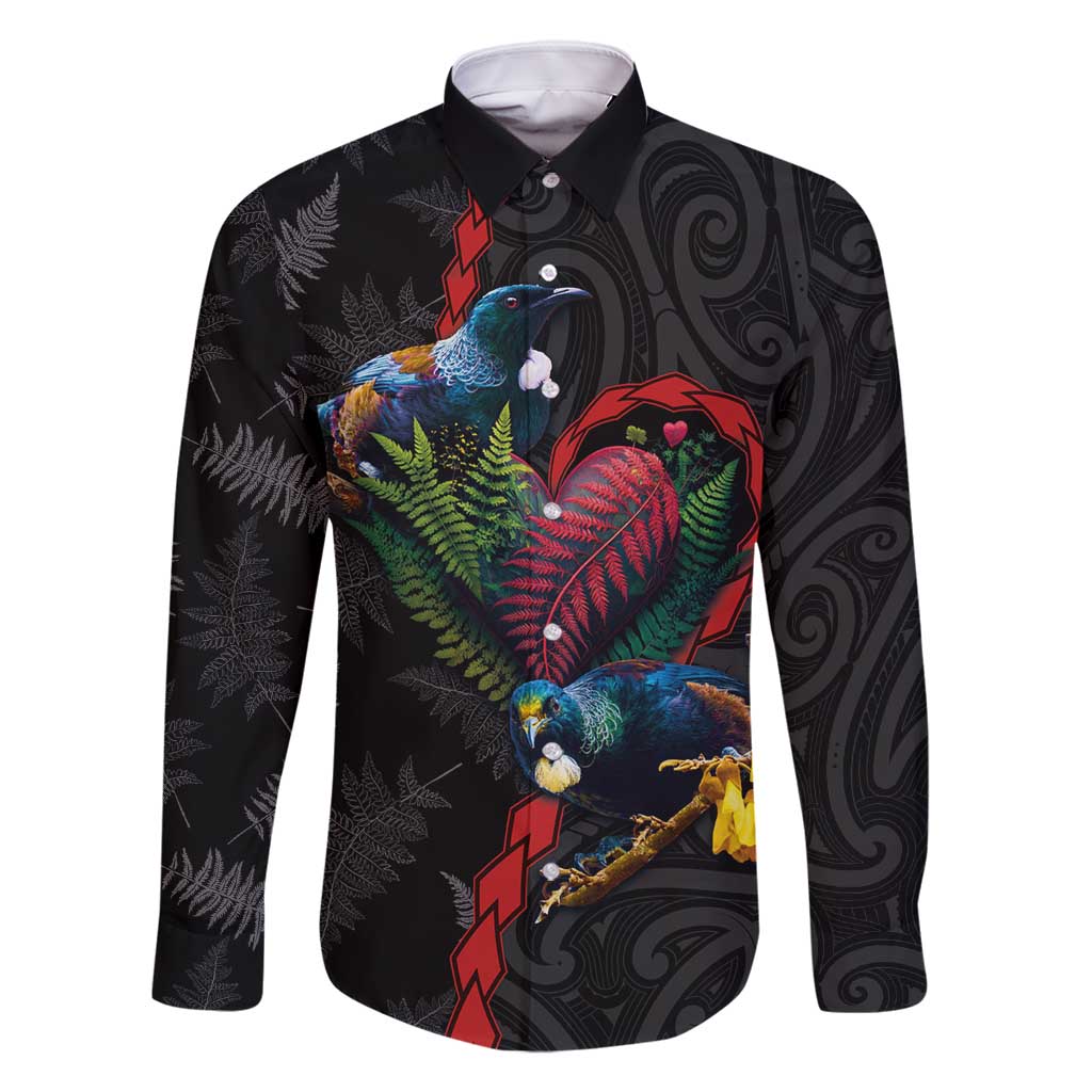 New Zealand Tui Birds Love Couple Family Matching Long Sleeve Bodycon Dress and Hawaiian Shirt The Heart of Silver Fern Leaves and Maori Tattoo Pattern LT03 Dad's Shirt - Long Sleeve Black - Polynesian Pride