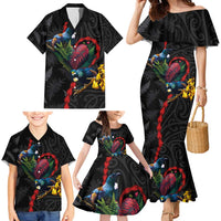 New Zealand Tui Birds Love Couple Family Matching Mermaid Dress and Hawaiian Shirt The Heart of Silver Fern Leaves and Maori Tattoo Pattern LT03 - Polynesian Pride