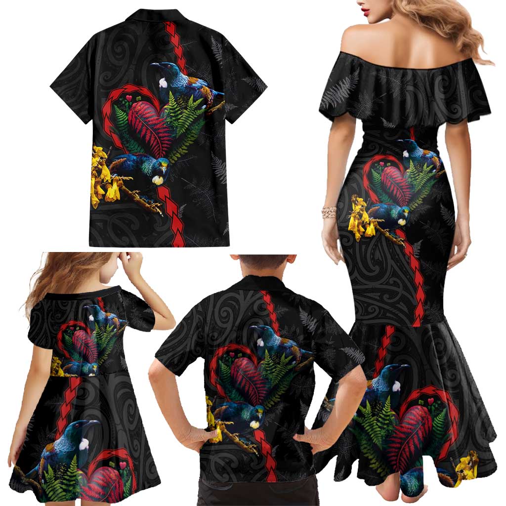 New Zealand Tui Birds Love Couple Family Matching Mermaid Dress and Hawaiian Shirt The Heart of Silver Fern Leaves and Maori Tattoo Pattern LT03 - Polynesian Pride