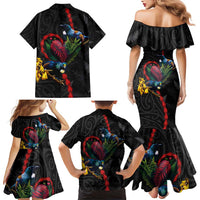 New Zealand Tui Birds Love Couple Family Matching Mermaid Dress and Hawaiian Shirt The Heart of Silver Fern Leaves and Maori Tattoo Pattern LT03 - Polynesian Pride