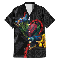 New Zealand Tui Birds Love Couple Family Matching Mermaid Dress and Hawaiian Shirt The Heart of Silver Fern Leaves and Maori Tattoo Pattern LT03 Dad's Shirt - Short Sleeve Black - Polynesian Pride