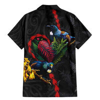New Zealand Tui Birds Love Couple Family Matching Mermaid Dress and Hawaiian Shirt The Heart of Silver Fern Leaves and Maori Tattoo Pattern LT03 - Polynesian Pride