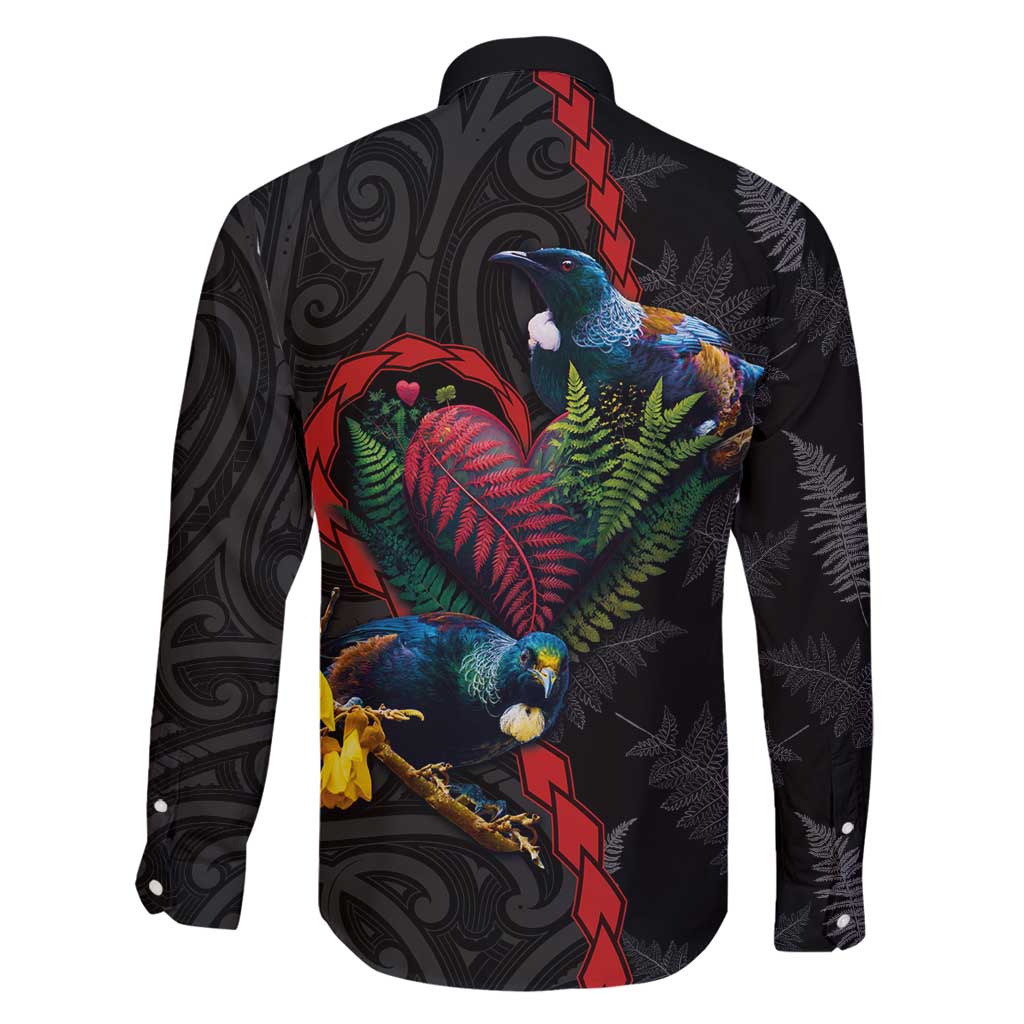 New Zealand Tui Birds Love Couple Family Matching Mermaid Dress and Hawaiian Shirt The Heart of Silver Fern Leaves and Maori Tattoo Pattern LT03 - Polynesian Pride