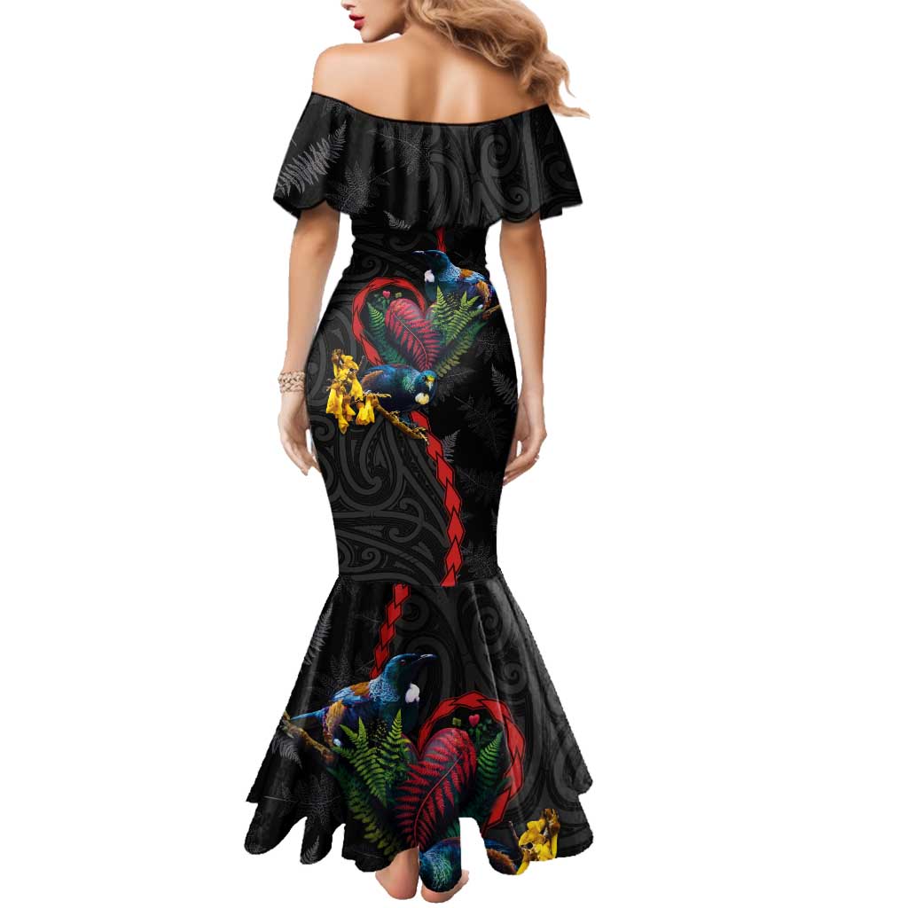 New Zealand Tui Birds Love Couple Family Matching Mermaid Dress and Hawaiian Shirt The Heart of Silver Fern Leaves and Maori Tattoo Pattern LT03 - Polynesian Pride