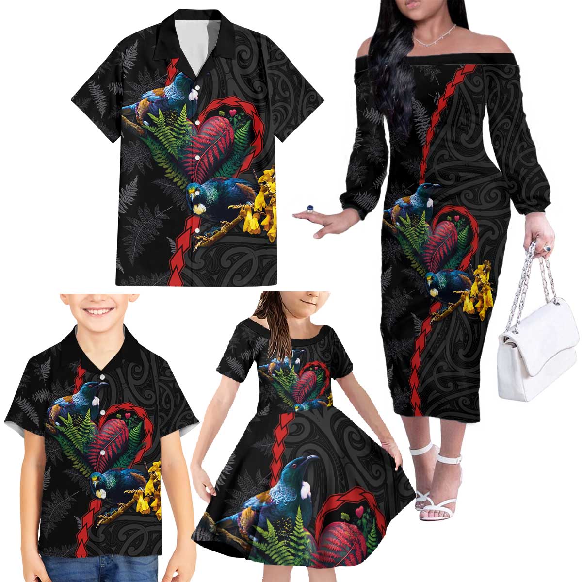 New Zealand Tui Birds Love Couple Family Matching Off The Shoulder Long Sleeve Dress and Hawaiian Shirt The Heart of Silver Fern Leaves and Maori Tattoo Pattern LT03 - Polynesian Pride