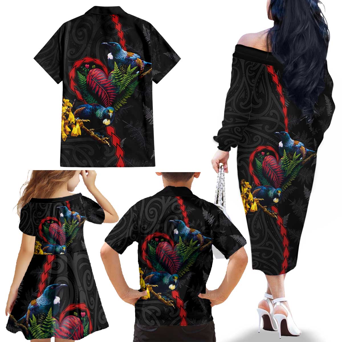 New Zealand Tui Birds Love Couple Family Matching Off The Shoulder Long Sleeve Dress and Hawaiian Shirt The Heart of Silver Fern Leaves and Maori Tattoo Pattern LT03 - Polynesian Pride
