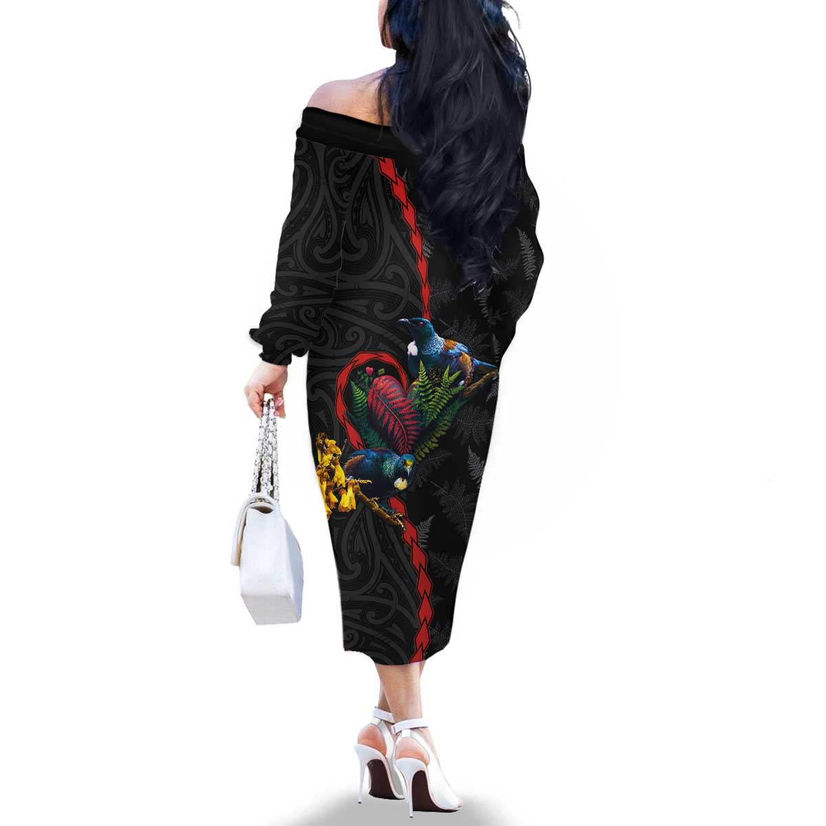 New Zealand Tui Birds Love Couple Family Matching Off The Shoulder Long Sleeve Dress and Hawaiian Shirt The Heart of Silver Fern Leaves and Maori Tattoo Pattern LT03 - Polynesian Pride