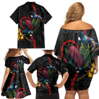 New Zealand Tui Birds Love Couple Family Matching Off Shoulder Short Dress and Hawaiian Shirt The Heart of Silver Fern Leaves and Maori Tattoo Pattern LT03 - Polynesian Pride