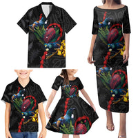 New Zealand Tui Birds Love Couple Family Matching Puletasi and Hawaiian Shirt The Heart of Silver Fern Leaves and Maori Tattoo Pattern LT03 - Polynesian Pride