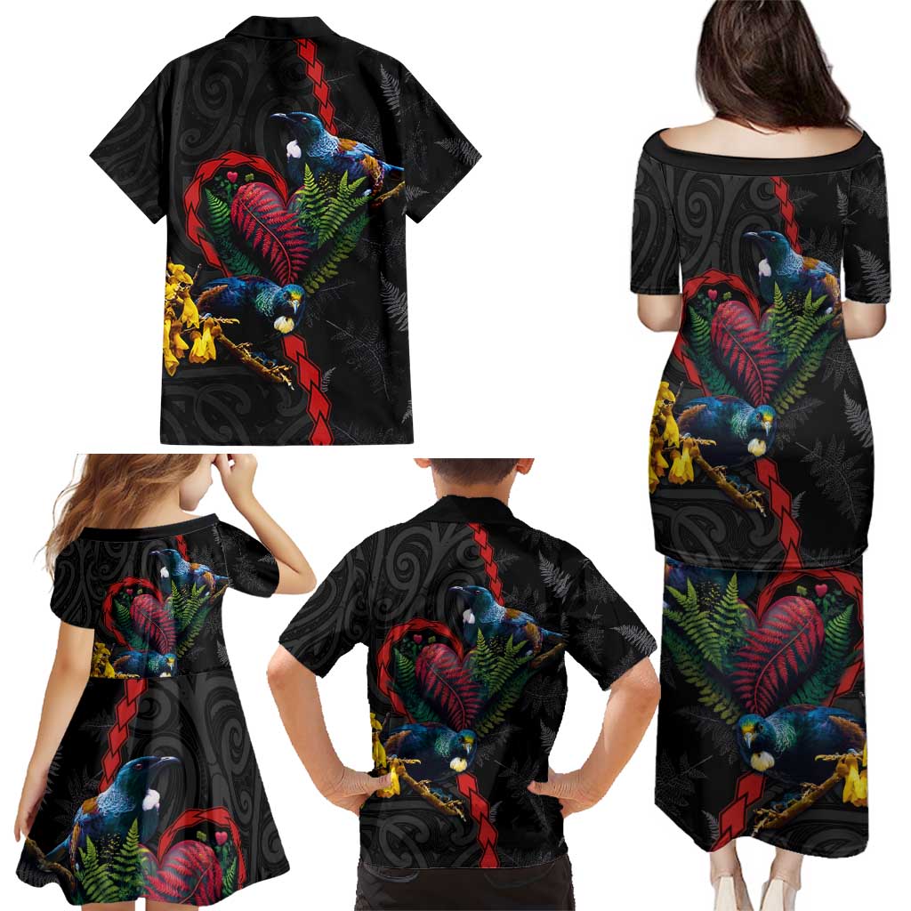 New Zealand Tui Birds Love Couple Family Matching Puletasi and Hawaiian Shirt The Heart of Silver Fern Leaves and Maori Tattoo Pattern LT03 - Polynesian Pride