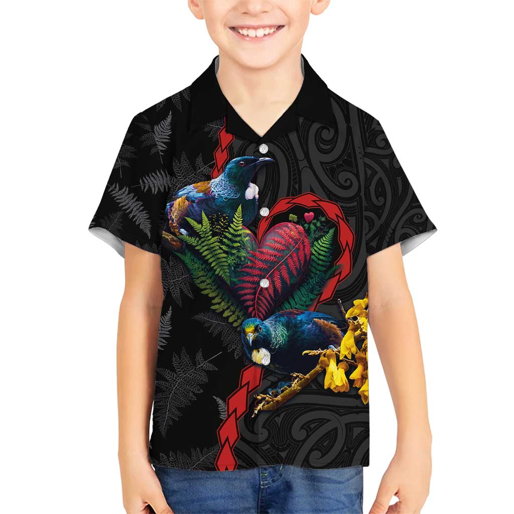 New Zealand Tui Birds Love Couple Family Matching Puletasi and Hawaiian Shirt The Heart of Silver Fern Leaves and Maori Tattoo Pattern LT03 Son's Shirt Black - Polynesian Pride