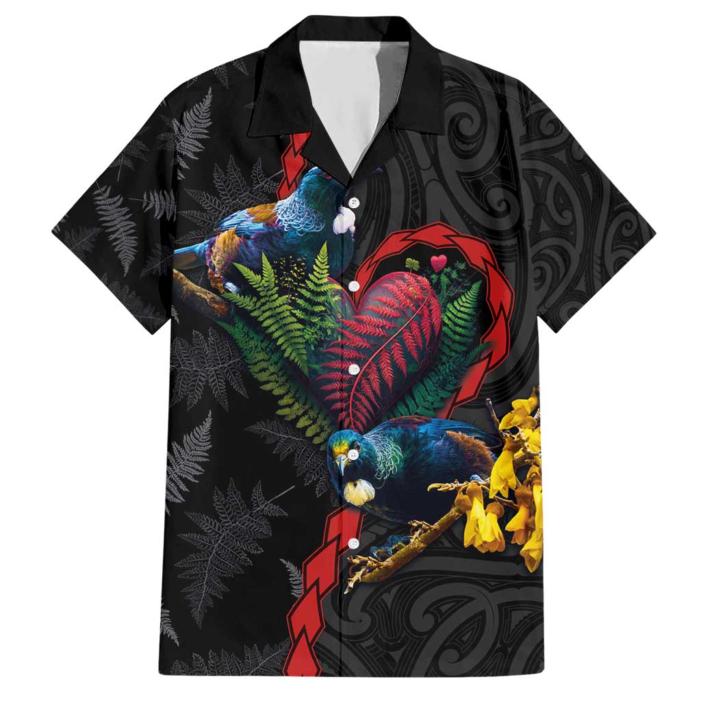 New Zealand Tui Birds Love Couple Family Matching Short Sleeve Bodycon Dress and Hawaiian Shirt The Heart of Silver Fern Leaves and Maori Tattoo Pattern LT03 Dad's Shirt - Short Sleeve Black - Polynesian Pride