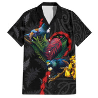 New Zealand Tui Birds Love Couple Family Matching Short Sleeve Bodycon Dress and Hawaiian Shirt The Heart of Silver Fern Leaves and Maori Tattoo Pattern LT03 Dad's Shirt - Short Sleeve Black - Polynesian Pride