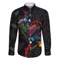 New Zealand Tui Birds Love Couple Family Matching Short Sleeve Bodycon Dress and Hawaiian Shirt The Heart of Silver Fern Leaves and Maori Tattoo Pattern LT03 Dad's Shirt - Long Sleeve Black - Polynesian Pride