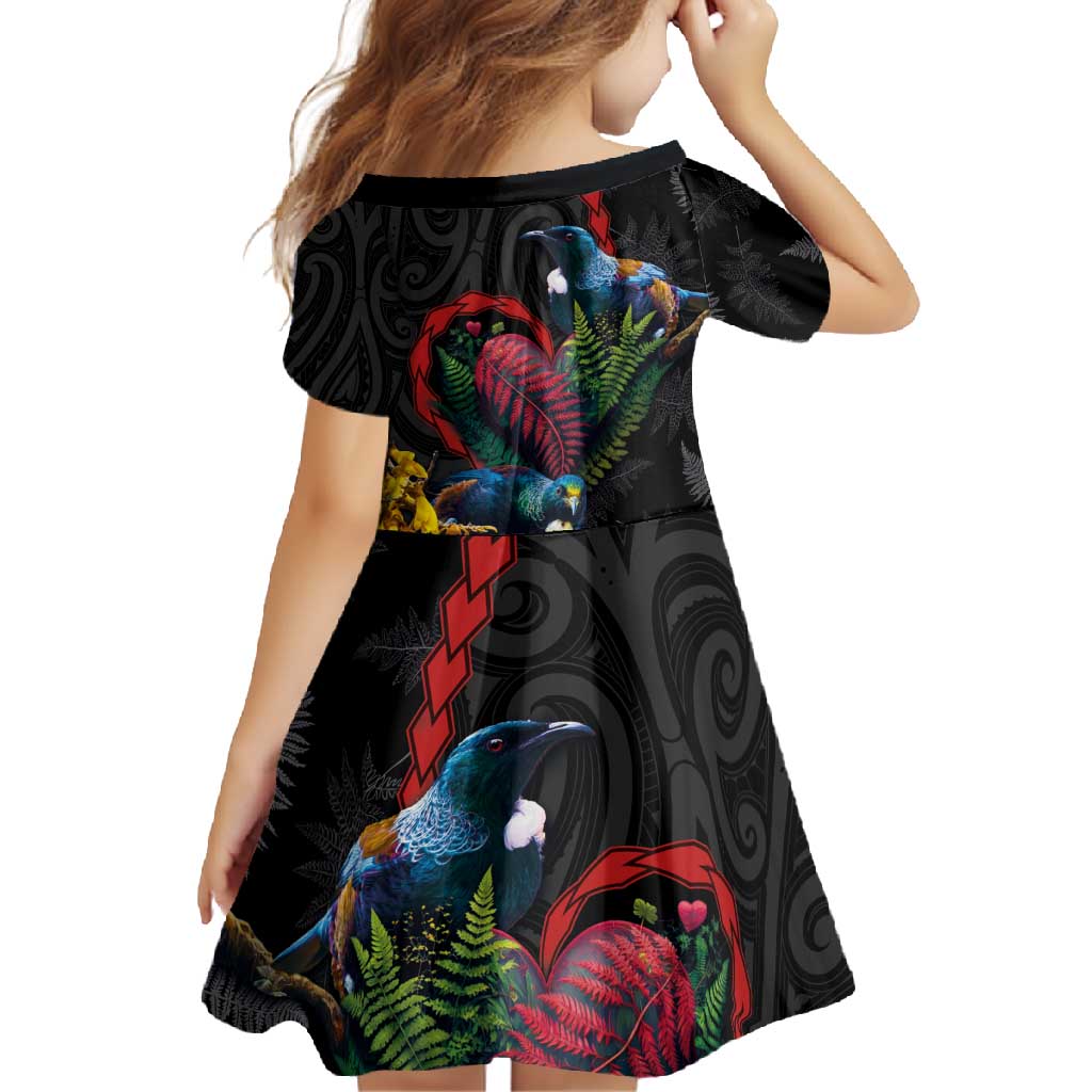 New Zealand Tui Birds Love Couple Family Matching Summer Maxi Dress and Hawaiian Shirt The Heart of Silver Fern Leaves and Maori Tattoo Pattern LT03 - Polynesian Pride