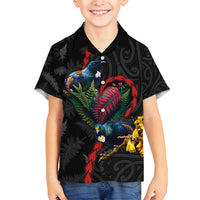 New Zealand Tui Birds Love Couple Family Matching Summer Maxi Dress and Hawaiian Shirt The Heart of Silver Fern Leaves and Maori Tattoo Pattern LT03 Son's Shirt Black - Polynesian Pride
