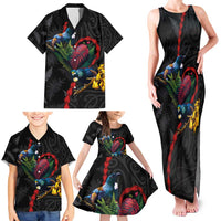 New Zealand Tui Birds Love Couple Family Matching Tank Maxi Dress and Hawaiian Shirt The Heart of Silver Fern Leaves and Maori Tattoo Pattern LT03 - Polynesian Pride