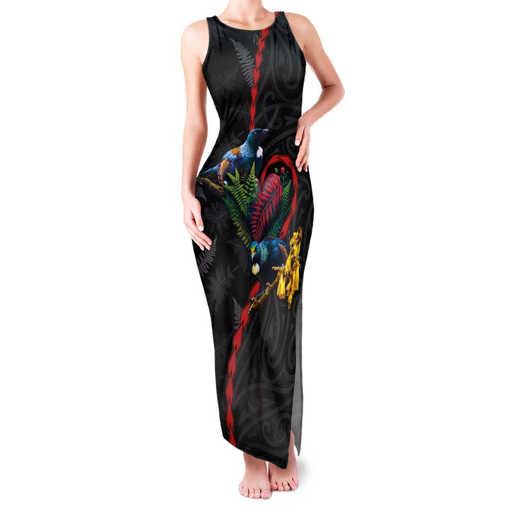 New Zealand Tui Birds Love Couple Family Matching Tank Maxi Dress and Hawaiian Shirt The Heart of Silver Fern Leaves and Maori Tattoo Pattern LT03 Mom's Dress Black - Polynesian Pride
