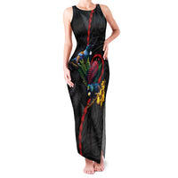 New Zealand Tui Birds Love Couple Family Matching Tank Maxi Dress and Hawaiian Shirt The Heart of Silver Fern Leaves and Maori Tattoo Pattern LT03 Mom's Dress Black - Polynesian Pride