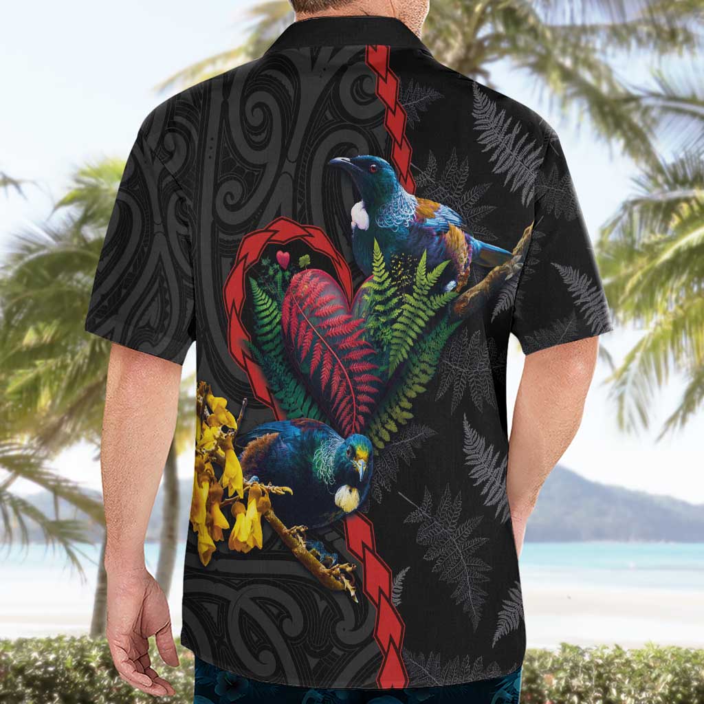 New Zealand Tui Birds Love Couple Hawaiian Shirt The Heart of Silver Fern Leaves and Maori Tattoo Pattern LT03 - Polynesian Pride