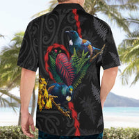 New Zealand Tui Birds Love Couple Hawaiian Shirt The Heart of Silver Fern Leaves and Maori Tattoo Pattern LT03 - Polynesian Pride