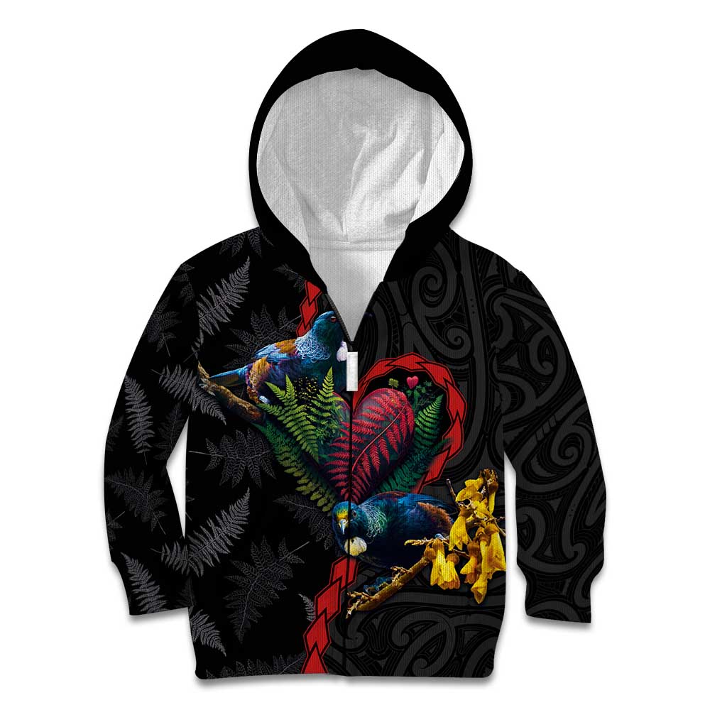 New Zealand Tui Birds Love Couple Kid Hoodie The Heart of Silver Fern Leaves and Maori Tattoo Pattern LT03 Zip Hoodie Black - Polynesian Pride