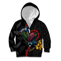 New Zealand Tui Birds Love Couple Kid Hoodie The Heart of Silver Fern Leaves and Maori Tattoo Pattern LT03 Zip Hoodie Black - Polynesian Pride
