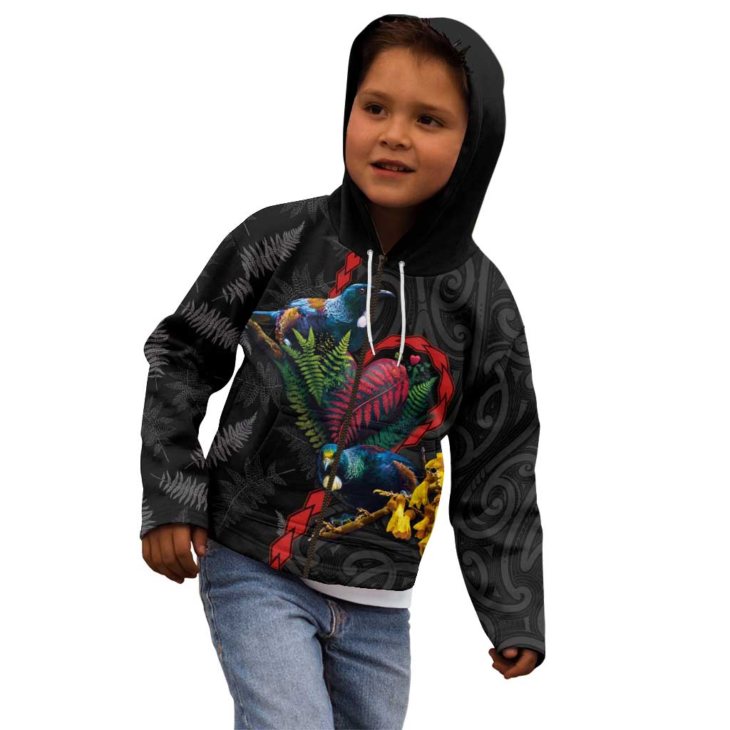 New Zealand Tui Birds Love Couple Kid Hoodie The Heart of Silver Fern Leaves and Maori Tattoo Pattern LT03 - Polynesian Pride