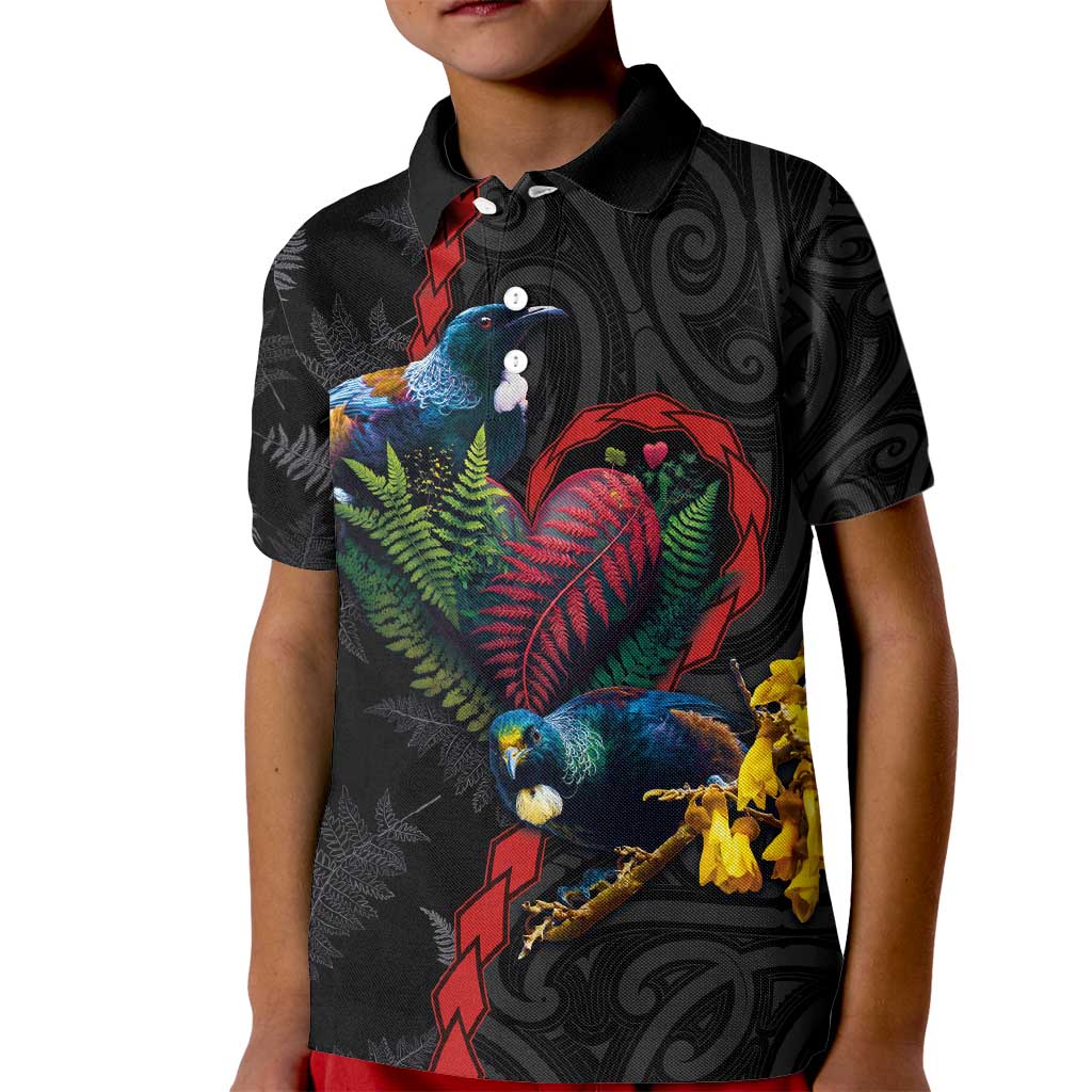 New Zealand Tui Birds Love Couple Kid Polo Shirt The Heart of Silver Fern Leaves and Maori Tattoo Pattern LT03 Kid Black - Polynesian Pride