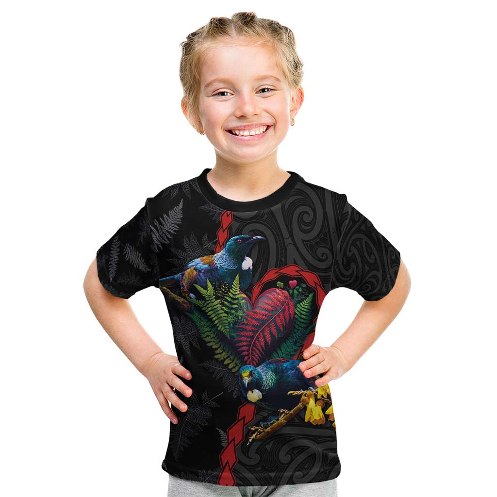 New Zealand Tui Birds Love Couple Kid T Shirt The Heart of Silver Fern Leaves and Maori Tattoo Pattern LT03 Black - Polynesian Pride
