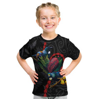 New Zealand Tui Birds Love Couple Kid T Shirt The Heart of Silver Fern Leaves and Maori Tattoo Pattern LT03 Black - Polynesian Pride