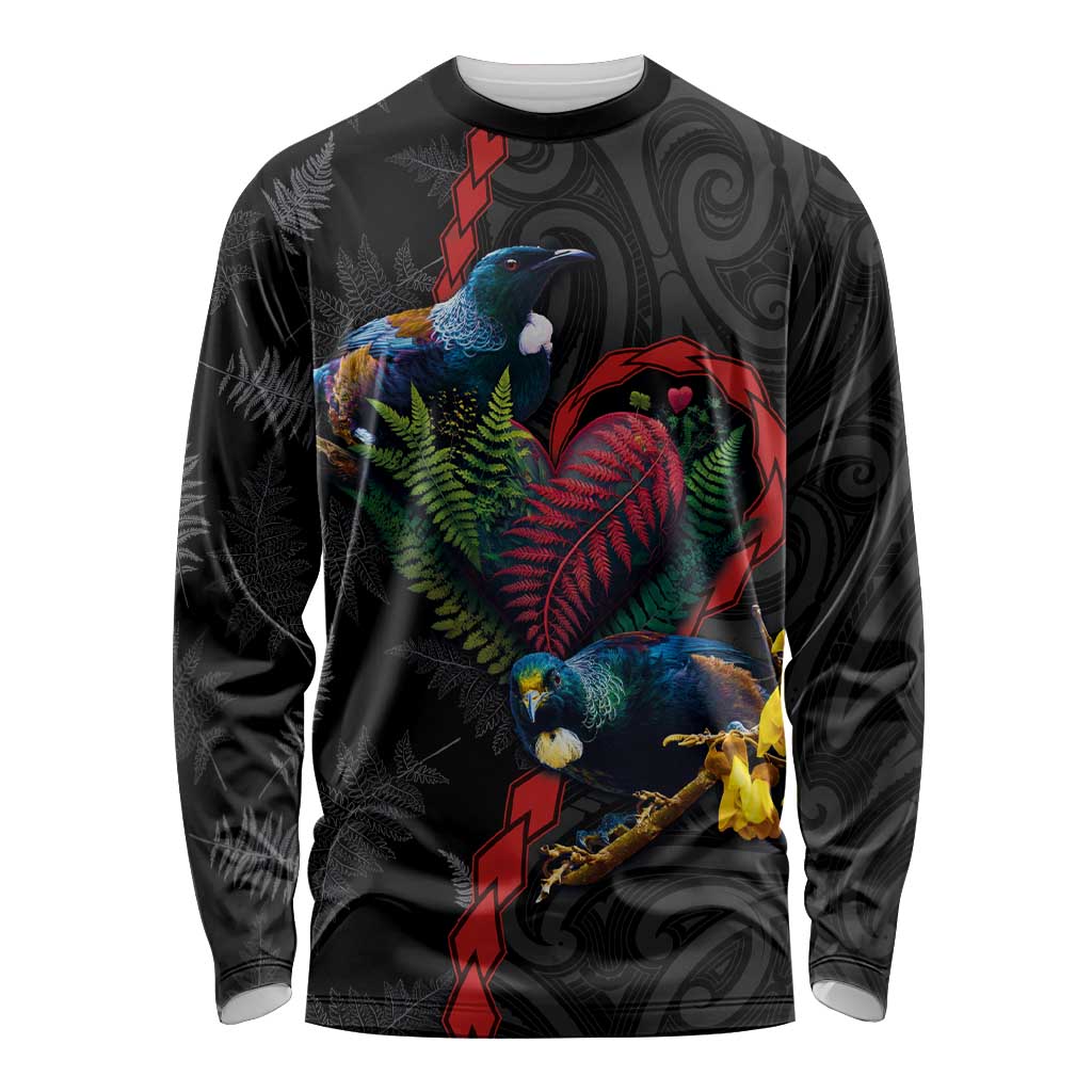 New Zealand Tui Birds Love Couple Long Sleeve Shirt The Heart of Silver Fern Leaves and Maori Tattoo Pattern LT03 Unisex Black - Polynesian Pride
