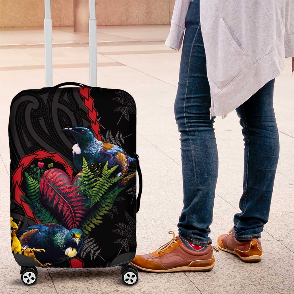 New Zealand Tui Birds Love Couple Luggage Cover The Heart of Silver Fern Leaves and Maori Tattoo Pattern LT03 Black - Polynesian Pride