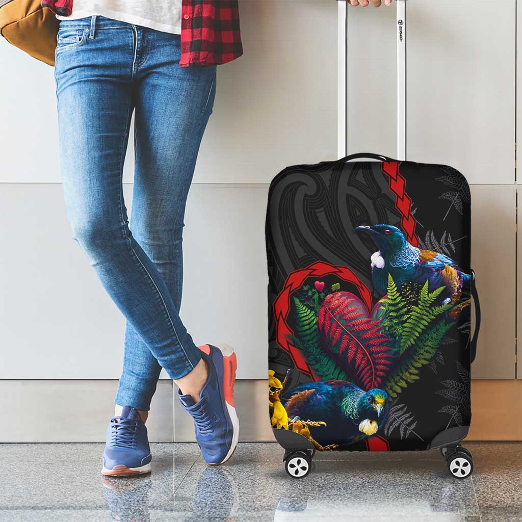 New Zealand Tui Birds Love Couple Luggage Cover The Heart of Silver Fern Leaves and Maori Tattoo Pattern LT03 - Polynesian Pride