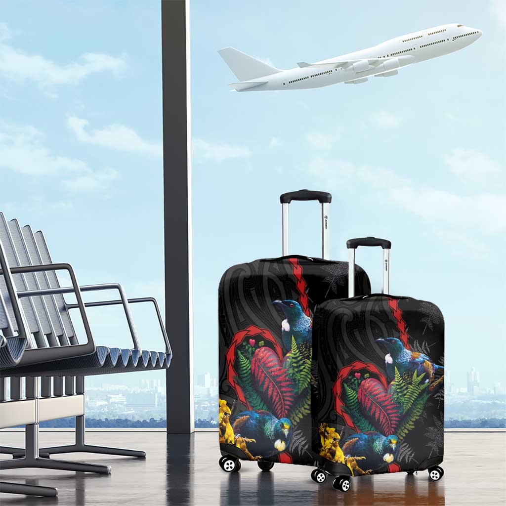 New Zealand Tui Birds Love Couple Luggage Cover The Heart of Silver Fern Leaves and Maori Tattoo Pattern LT03 - Polynesian Pride